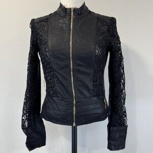 LA Coalition Womens Size XS Jacket Faux Leather Black Lace Fitted Full Zip Moto